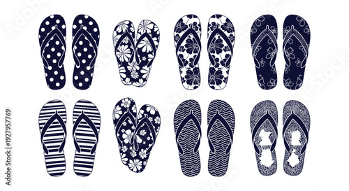 Trendy Summer Beach Flip Flops Collection Diverse Patterns Floral Polka Dot Striped Wave Sandals Set