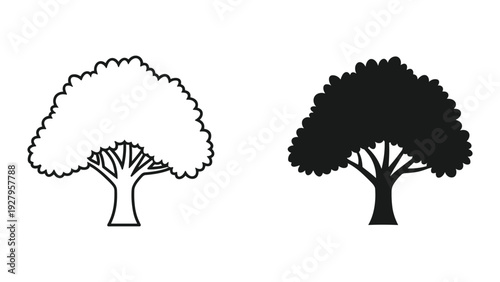 Outline and Silhouette of a Stylized Tree with Bushy Canopy on White Background