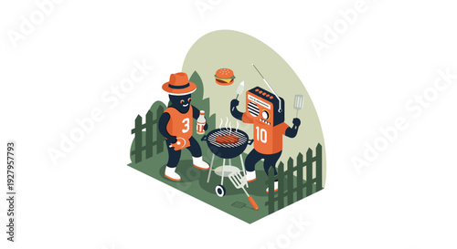 Two cartoon characters, one a person and one a radio, wearing sports jerseys host a barbecue with a grill and food inside a fenced yard.