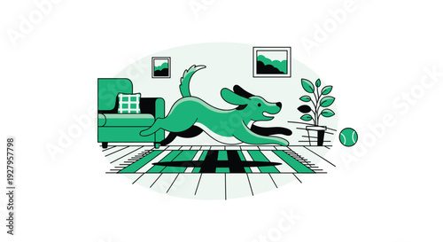 A happy green dog with floppy ears runs across a striped rug inside a living room to chase after a rolling green tennis ball.