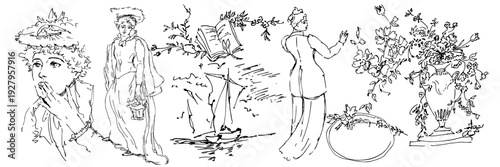 Vintage maritime and garden sketches. Victorian woman and sailboat doodles. Classic vase with flowers. Antique artistic scenery. Retro engraved style elements isolated on white background.