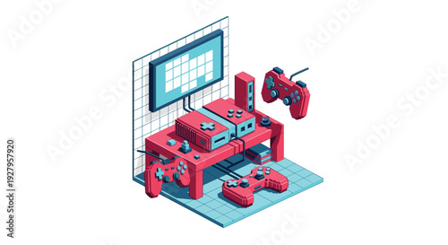 An isometric illustration showcases a retro video game console setup with multiple controllers and a monitor, rendered in a vibrant red and cyan pixel art style.