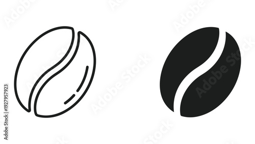 Two Coffee Beans Icons: Outline and Solid Black, Vector Graphics on White Background