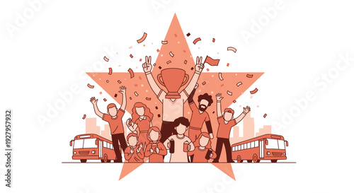 A group of diverse sports fans celebrates a victory with a trophy and confetti, framed by a large star with a city skyline and buses in the background.