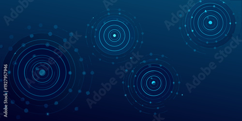 Abstract blue background with concentric circles and scattered dots