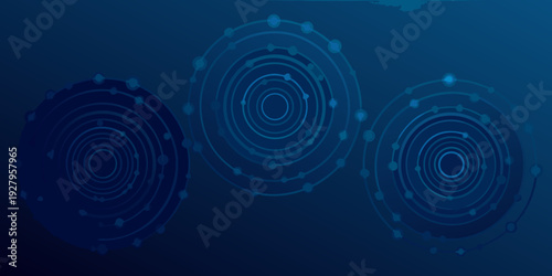 Abstract composition of three concentric circular patterns in blue tones