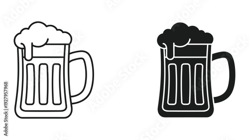 Two stylized icons of a beer mug with foam, one line art, one silhouette, isolated on white
