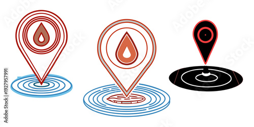 Location Icon: Set of three stylized location icons depicting a drop-shaped marker above concentric circles, symbolizing pinpointing a spot.