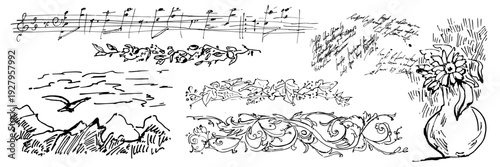 Vintage musical notes and floral doodles. Antique landscape and sea sketches. Classic decorative border elements. Engraved style artistic ornaments. Retro manuscript.
