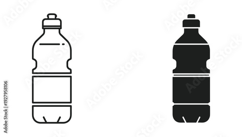Set of two icons: outline and solid silhouette of a plastic water bottle with cap and label area
