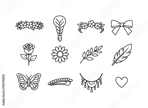boho floral accessories outline set. Line outline icon set of boho floral accessories outline set: flower