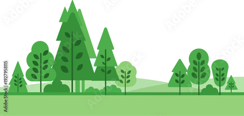 Minimalist green forest panorama with varied tree shapes and gentle slopes, symbolizing ecological balance and a tranquil, sustainable outdoor design illustration