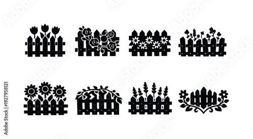 Picket fence flowers contour drawing. Filled icon set of Picket fence flowers contour drawing: wooden picket