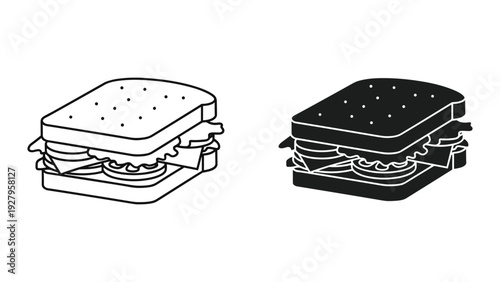 Sandwich Icon Set: Black and White Line Art and Solid Silhouette Illustrations