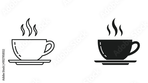 Hot Coffee Cup Icons: Outline and Silhouette with Steam, Isolated on White Background
