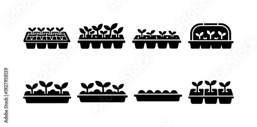Garden seed tray line art set. Filled icon set of Garden seed tray line art set: plastic cell tray with