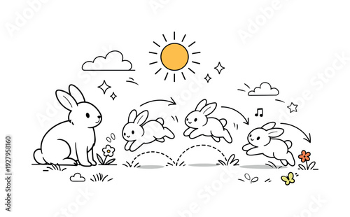Sunny Spring Day with Rabbits. A lively meadow where baby bunnies hop in gentle arcs while a parent watches