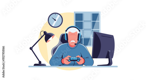 An elderly man wearing headphones sits at his desk with a lamp and computer, intensely playing a video game with a controller in his hands.