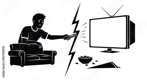 A frustrated man in silhouette sits on a couch trying to use a broken remote control that is failing to operate his television.