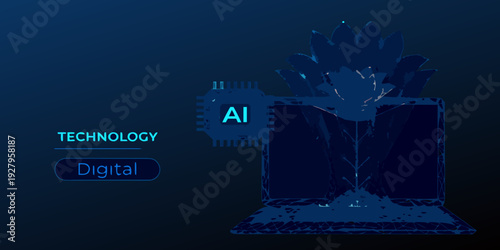 Abstract digital illustration of artificial intelligence emerging from a laptop