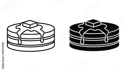 Stack of pancakes with butter and syrup icon - line art and silhouette