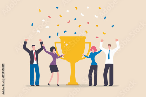 Team celebrates a victory with a golden trophy and falling confetti