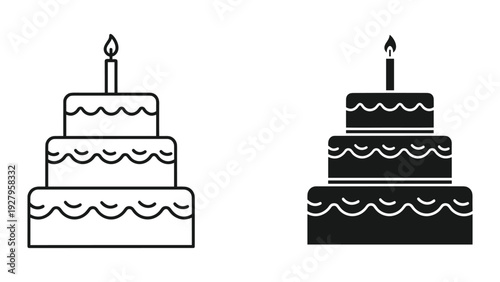 Set of two tiered birthday cakes with lit candle icons, one in line art style and one in silhouette.