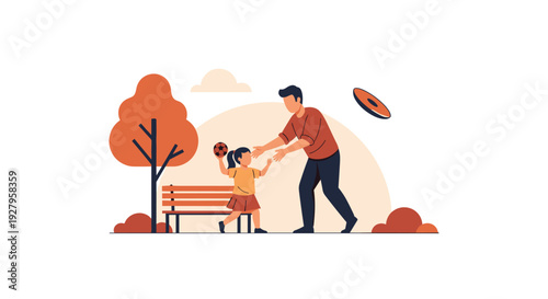A father and his young daughter play together with a ball and a frisbee in a park next to a wooden bench and an autumn tree.