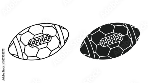 American Football and Rugby Ball Icons, Line Art and Silhouette, Isolated on White