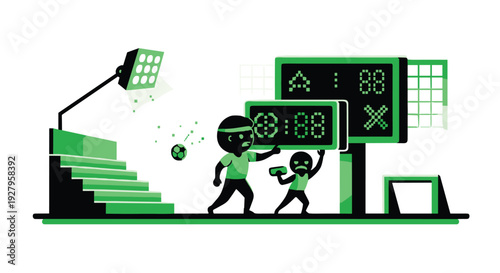 Two stylized characters in green athletic gear interact with a soccer ball and a digital scoreboard under a bright stadium light.