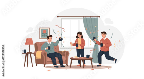 Three friends are celebrating with mugs in a cozy living room that is decorated with a window, an armchair, and falling confetti.