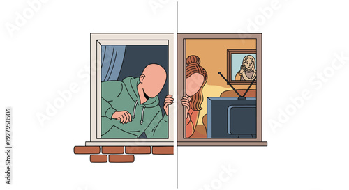 A split-screen cartoon shows a man in a green hoodie looking out one window while a woman in the adjacent window watches television at home.