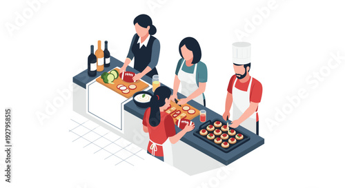 Four people, including a male chef and three women, work together in a modern kitchen preparing appetizers and chopping vegetables on a counter.