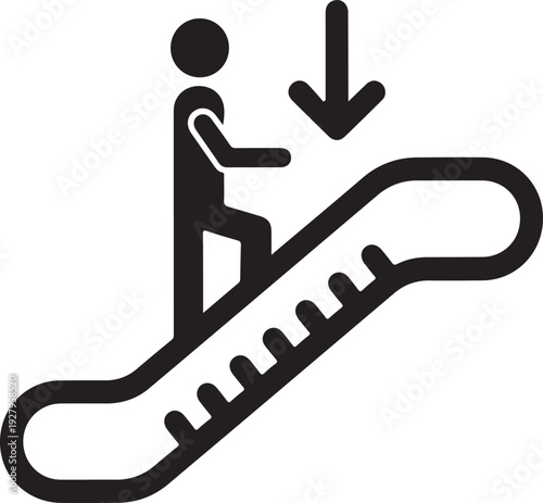 Escalator down sign vector showing male figure descending moving stairs for public transportation safety guidance and airport terminal directional navigation graphics