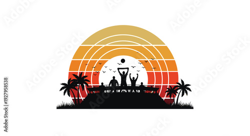 A silhouette of people playing beach volleyball is set against a vibrant, striped retro sunset with palm trees and birds in the sky.