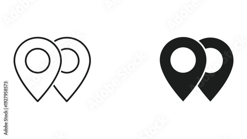Two Location Pin Icons, One Outline, One Filled, Isolated on White Background