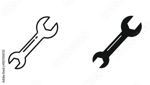 Wrench Icon Set: Line Art and Solid Silhouette on White Background