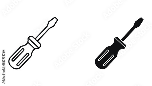 Screwdriver Icon Set: Simple Outline and Solid Black Fill - Isolated on White Background
