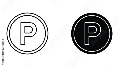 Parking Symbol Icon, P Letter in Circle, Two Styles: Outline and Solid Black, Clean Vector Graphics