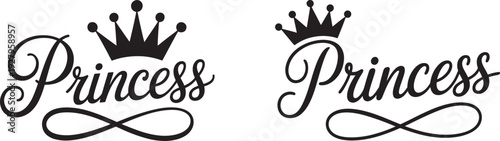 Princess Titles with Crowns - Elegant Black and White Calligraphy for Girls' Themes