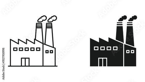 Factory Icons: Outline and Solid Filled Industrial Building with Smokestacks Emitting Smoke