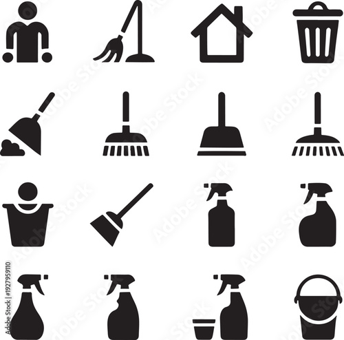 Cleaning Icons: Broom, Mop, Sprayer, Bucket