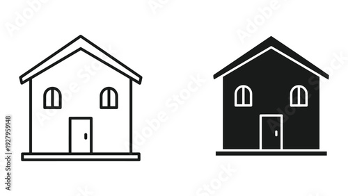 Two houses icon set: outline and filled silhouette. Simple home building symbols. Vector illustration.