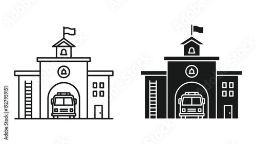 Fire Station Building Icon with Fire Truck - Line Art and Silhouette