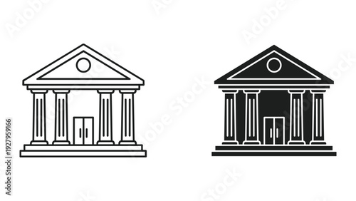 Government Building Icons: Outline and Silhouette of Classic Architecture with Columns
