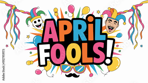 Colorful april fools' day celebration graphic with jester hats and party decorations