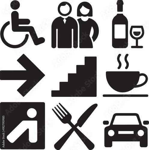 Universal Sign Icons: Wheelchair, Couple, Wine, Car