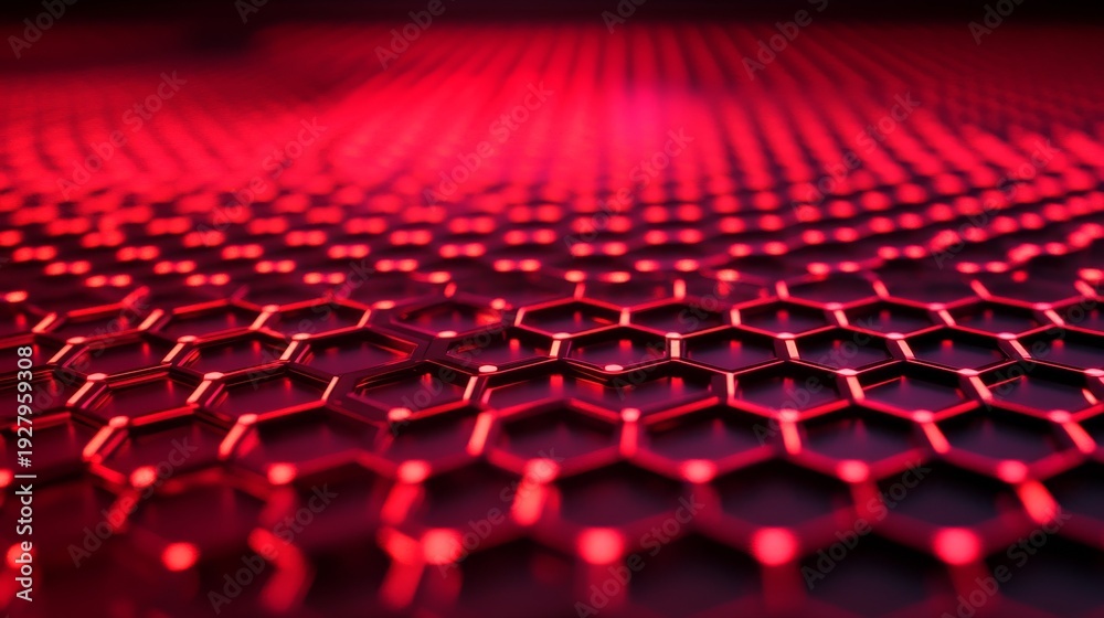 Fototapeta premium Vibrant red hexagon geometric shape close up detailed abstract texture pattern ,close up view of a red hexagon showcasing intricate geometric details.