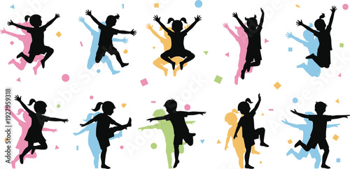 Comprehensive Children Silhouette Set Featuring Vector Symbols of Happy Kids Jumping Celebrating Success with Colorful Shadows and Confetti