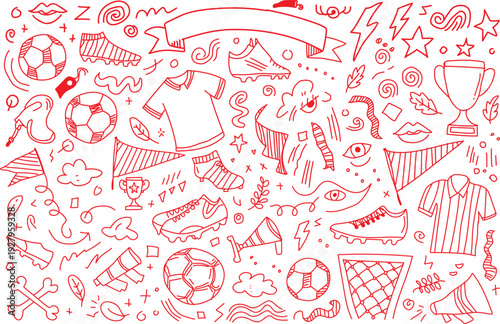 Soccer and football doodle pattern featuring hand drawn sports equipment icons like balls cleats jerseys nets trophies and various decorative elements in a simple continuous red line design perfect fo